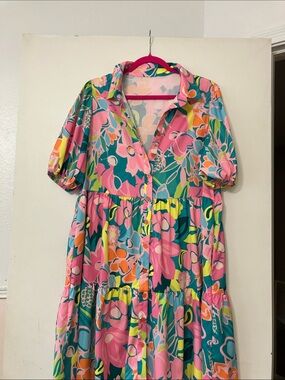 Vibrant Floral Button-Front Midi Dress - Pink & Teal
